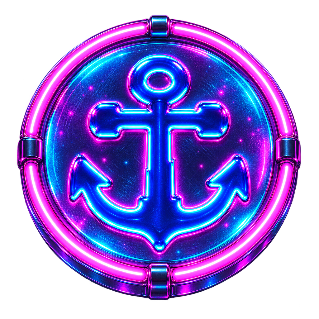 Ankur's anchor set inside a glowing neon coin badge
