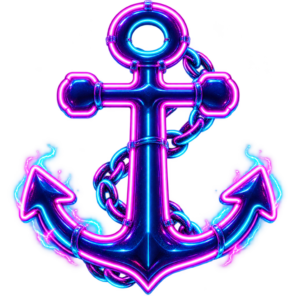 Ankur anchor mark, cyan-and-magenta neon anchor in a ring