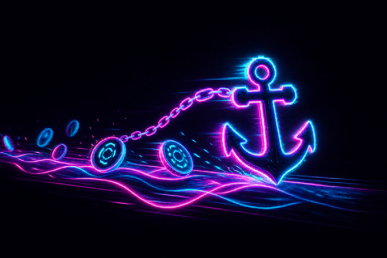 Wide neon banner of an anchor dragging a chain across a glowing digital current, pulling coin shapes behind it